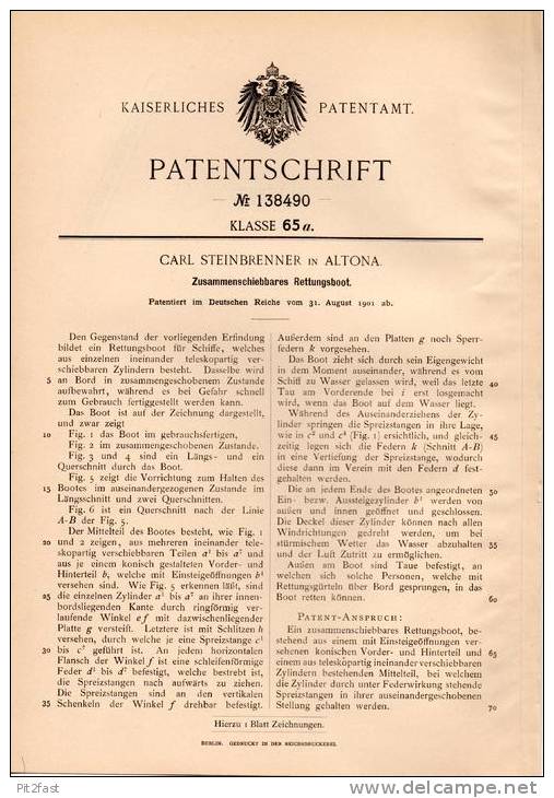 Original Patentschrift - Rettungsboot , Boot , 1901 , C. Steinbrenner In Altona !!! - Autres & Non Classés
