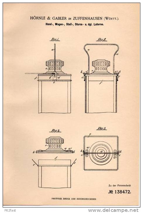 Original Patentschrift - Hörnle & Gabler In Zuffenhausen , Württ., 1902, Laterne Für Wagen , Stall Und Sturm , Stuttgart - Leuchten & Kronleuchter