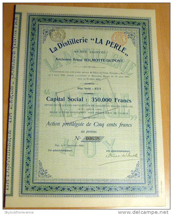 LOT 50 Stück La Distillerie ''La Perle'' S.A. Action Privilégiée De 500 Francs 01.09.1906 - J - L