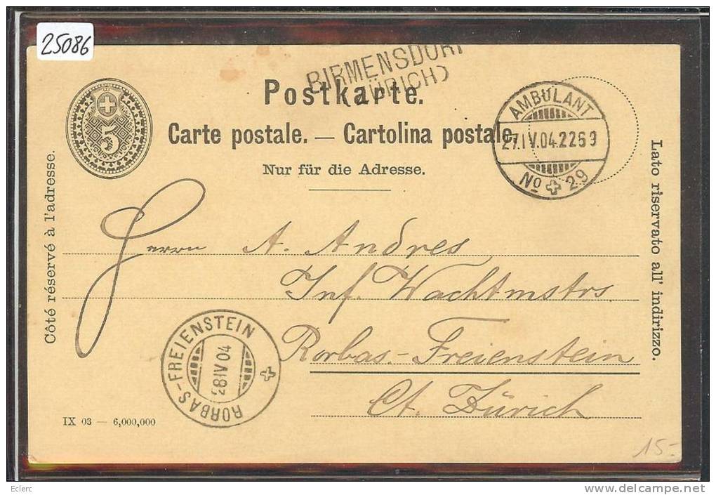 BIRMENSDORF - SONDERSTEMPEL AUF GANZSACHE - ENTIER POSTAL -  TB - Birmensdorf