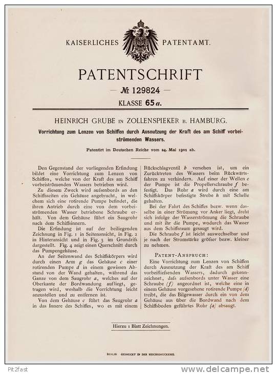 Original Patentschrift - H. Grube In Zollenspieker B. Hamburg , 1901 , Apparat Zum Lenzen Von Schiffen , Schiff !!! - Autres & Non Classés