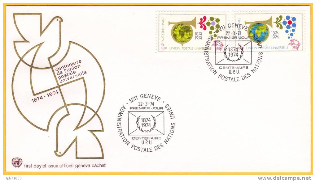 39+40 (Yvert) Sur FDC Illustrée - Office De Genève Centenaire De L´Union Postale Universelle Nations Unies (Genève) 1974 - FDC