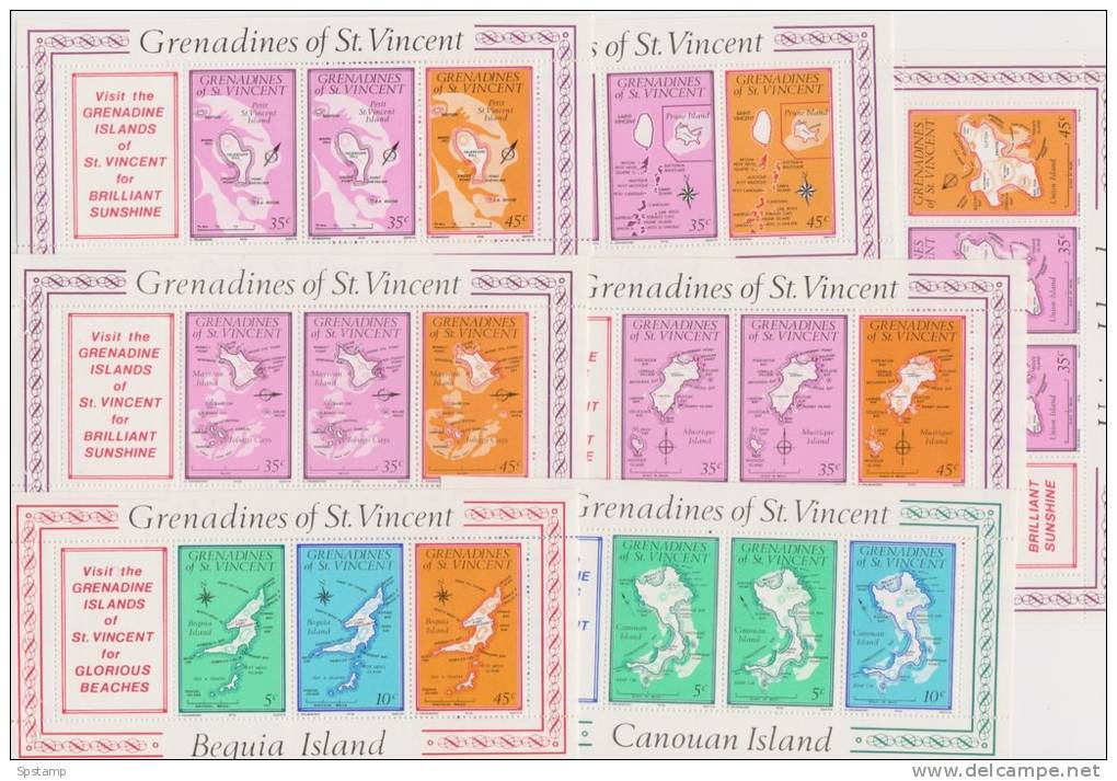 St Vincent Grenadines 1976 Map Common Type - Set Of 4 Exploded Booklet Panes For The 7 Islands MNH - St.Vincent (1979-...)