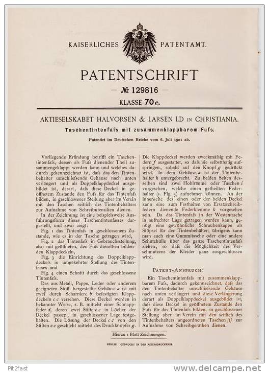 Original Patentschrift - Zusammenklappbares Taschen - Tintenfaß , 190 , Halvorsen & Larsen Ld In Christiania , Tinte !!! - Calamai