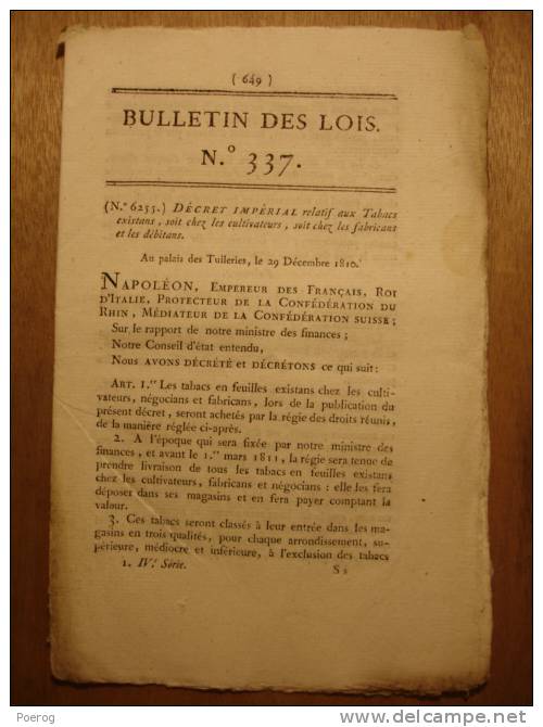 BULLETIN DES LOIS De 1810 - TABAC Cultivateurs Fabricants Débitants - FRAIS CULTE PAROISSIAL - DEPOT DE MENDICITE GARD - Décrets & Lois