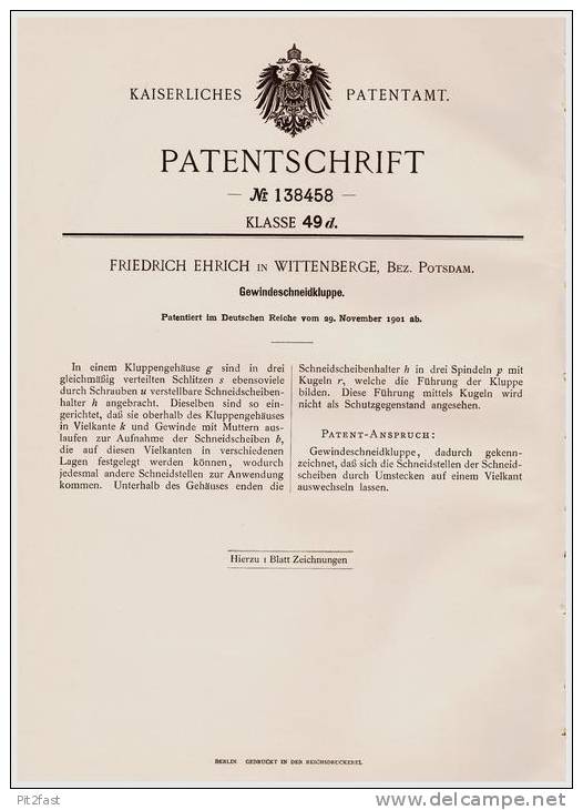 Original Patentschrift - F. Ehrich In Wittenberge , Bez. Potsdam , 1901 , Gewindeschneidkluppe , Gewindeschneider !!! - Historische Dokumente