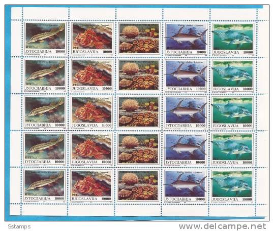 1993X -2589-92  JUGOSLAVIJA  PESCI  FISHS   5 STRIPS  MNH - Blocks & Sheetlets