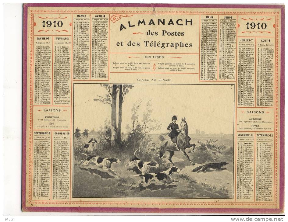 ALMANACH  DES POSTES ET DES TELEGRAPHES( 1910 )   Chasse Au Renard - Grossformat : 1901-20