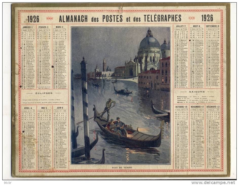 ALMANACH  DES POSTES ET DES TELEGRAPHES( 1926) Nuit De Venise - Tamaño Grande : 1921-40