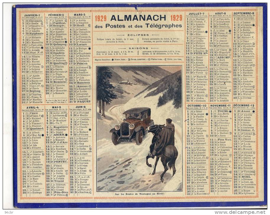 ALMANACH  DES POSTES ET DES TELEGRAPHES( 1929 ) Sur Les Routes De Montagnes En Hiver - Grand Format : 1921-40