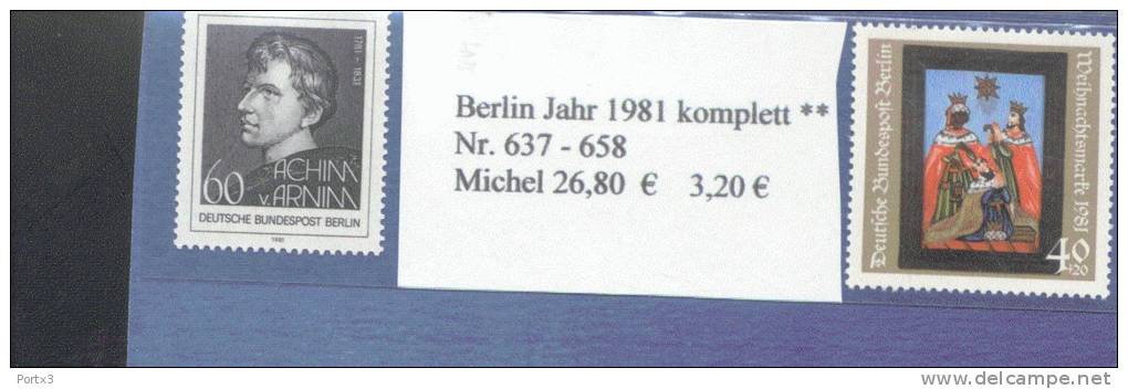 Berlin 637 - 658 Komplettes Jahr 1981 /  Year 1981 Complete Postfrisch MNH ** - Ungebraucht
