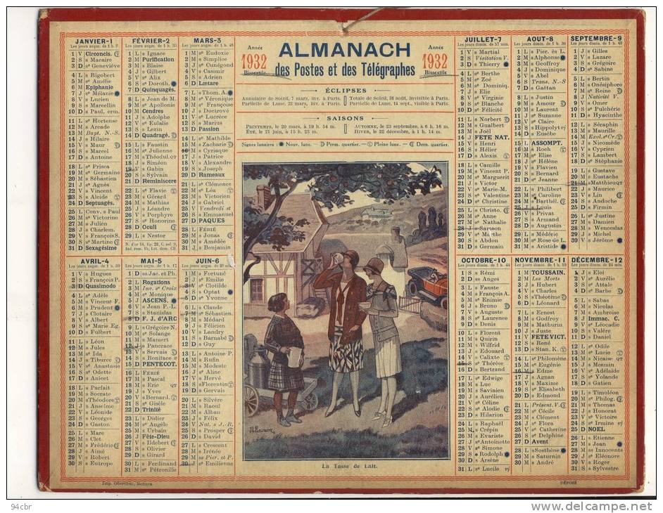ALMANACH  DES POSTES ET DES TELEGRAPHES( 1932) La Tasse De Lait - Formato Grande : 1921-40