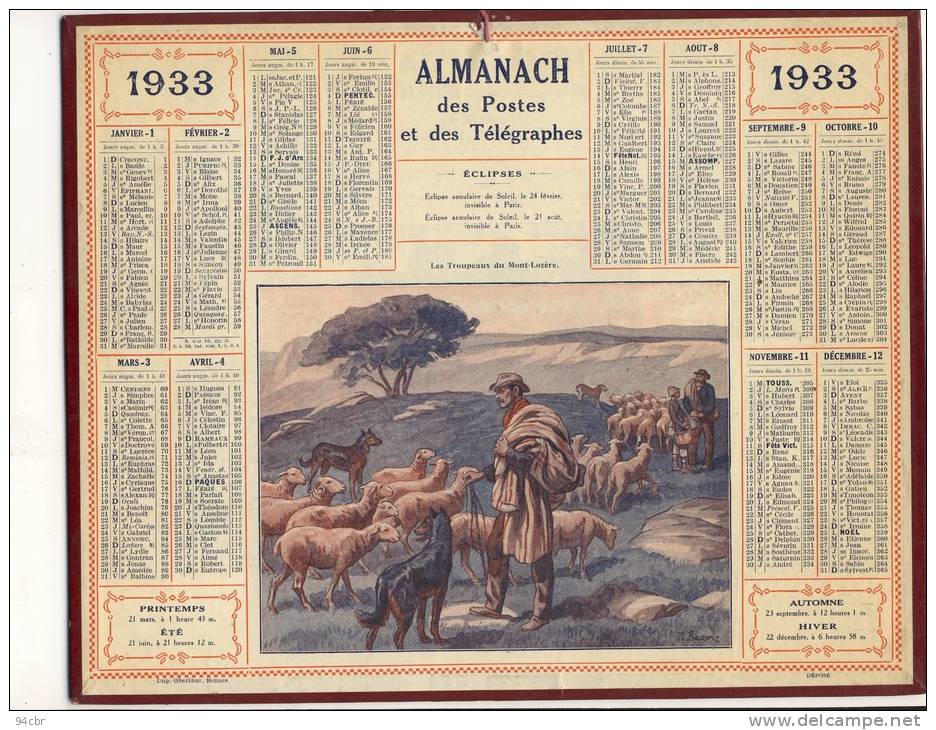 ALMANACH  DES POSTES ET DES TELEGRAPHES( 1933)   Le Troupeau Du Mont Lozere - Tamaño Grande : 1921-40