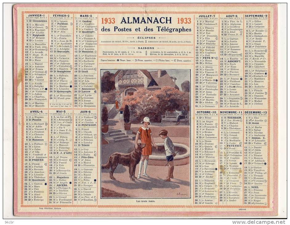 ALMANACH  DES POSTES ET DES TELEGRAPHES( 1933)  Les Trois Amis - Tamaño Grande : 1921-40