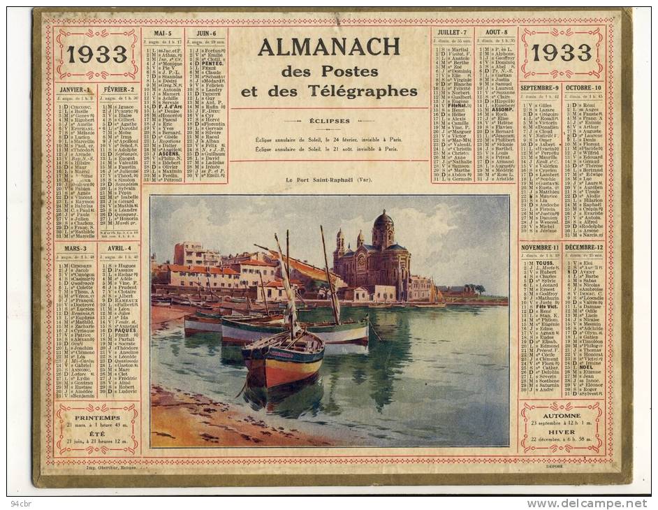 ALMANACH  DES POSTES ET DES TELEGRAPHES( 1933) Le Port De Saint Raphael - Tamaño Grande : 1921-40