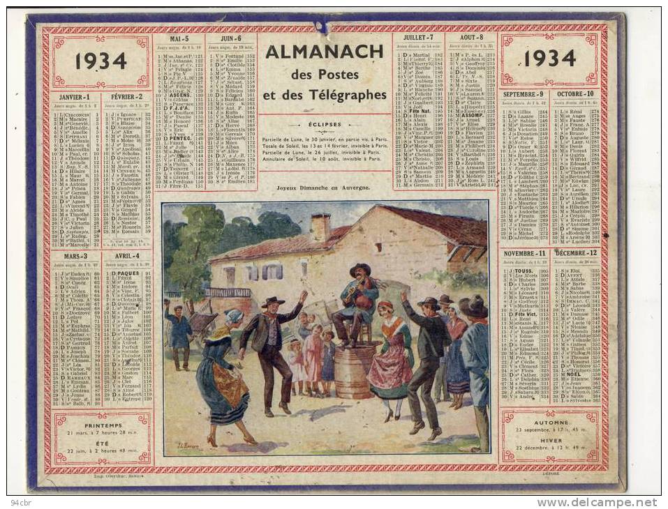 ALMANACH  DES POSTES ET DES TELEGRAPHES( 1934)   Joyeux Dimanche En Auvergne - Tamaño Grande : 1921-40