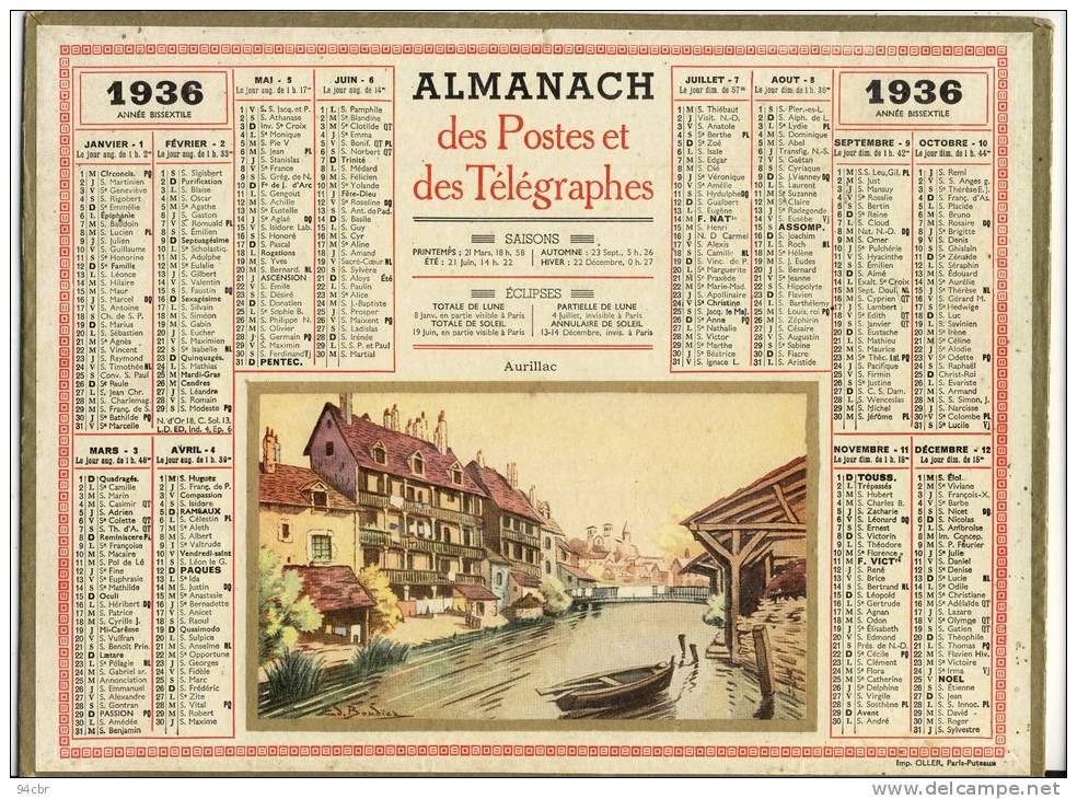 ALMANACH  DES POSTES ET DES TELEGRAPHES( 1936)   Aurillac - Tamaño Grande : 1921-40