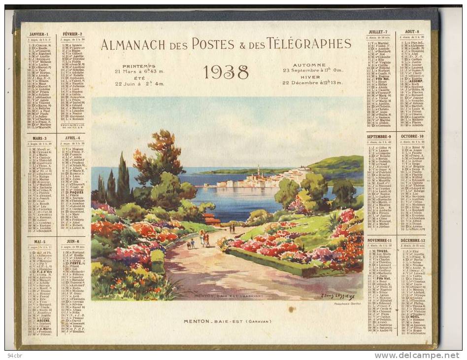 ALMANACH  DES POSTES ET DES TELEGRAPHES( 1938)   MENTON Baie Est (garavan) (signé LESSIEUX) - Grand Format : 1921-40