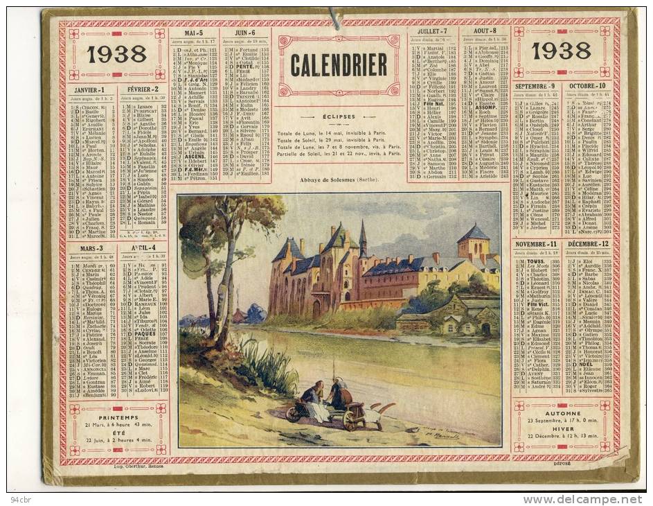 ALMANACH  DES POSTES ET DES TELEGRAPHES( 1938)   Abbaye De Solesmes - Big : 1921-40