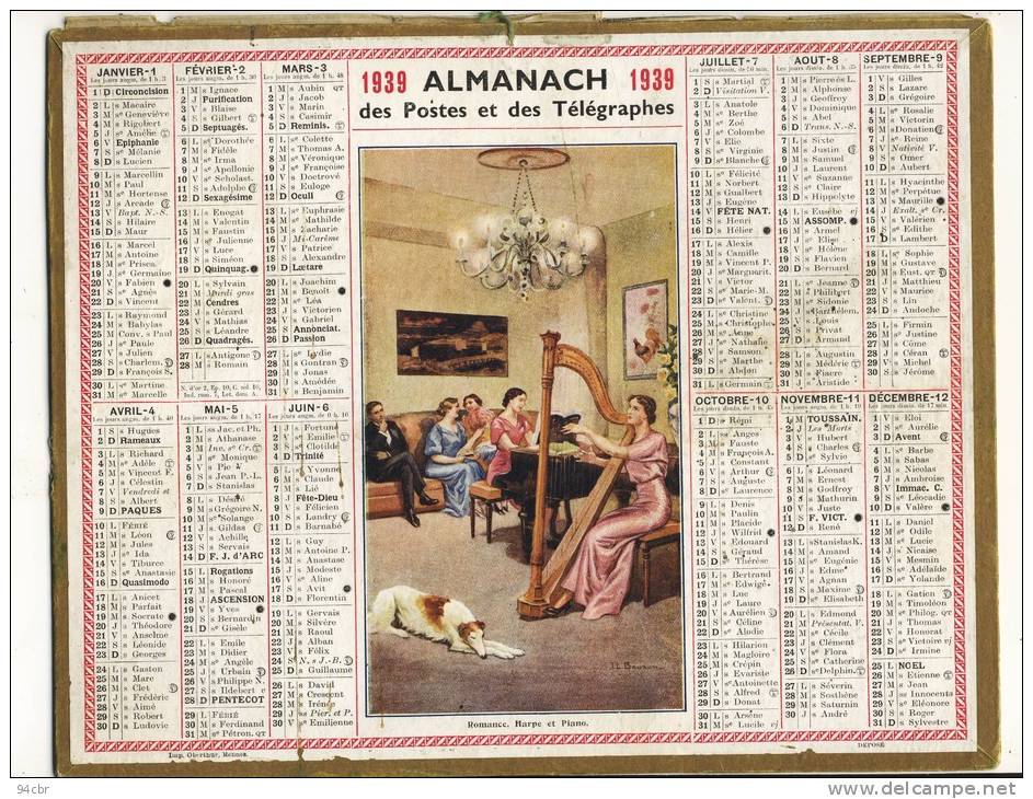 ALMANACH  DES POSTES ET DES TELEGRAPHES( 1939) Romance Harpe Et Piano - Big : 1921-40