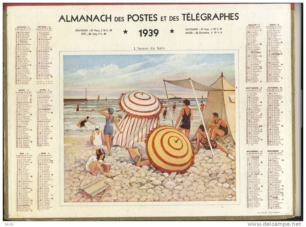 ALMANACH  DES POSTES ET DES TELEGRAPHES( 1939) L Heure Du Bain - Grand Format : 1921-40