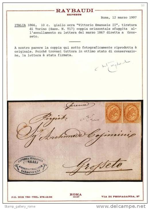 ITALIA REGNO ANNO 1866  - N° T 17 - 10 C. SU LETTERA - COPPIA NUOVA SENZA GOMMA - CERTIFICATO RAY - Nuovi