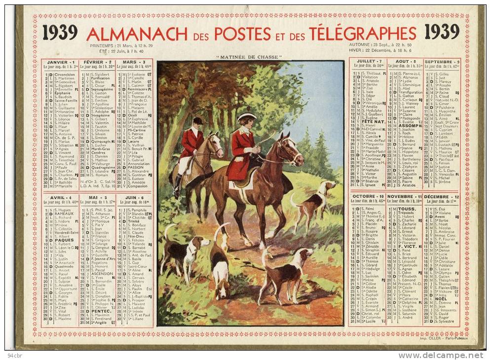 ALMANACH  DES POSTES ET DES TELEGRAPHES( 1939)  Matinee De Chasse (chasse A Courre) - Grossformat : 1921-40