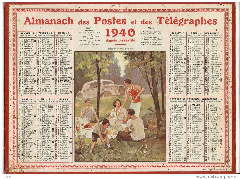 ALMANACH  DES POSTES ET DES TELEGRAPHES( 1940)   Dejeuner Sur L Herbe - Grand Format : 1921-40