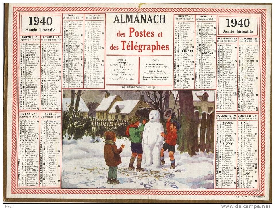 ALMANACH  DES POSTES ET DES TELEGRAPHES( 1940)   Le Bonhomme De Neige - Grand Format : 1921-40