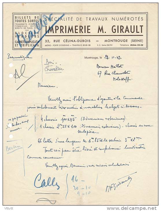 Facture (1943) : Imprimerie M. Girault (Montrouge), Commande Chassis Et Lattes... - Imprimerie & Papeterie