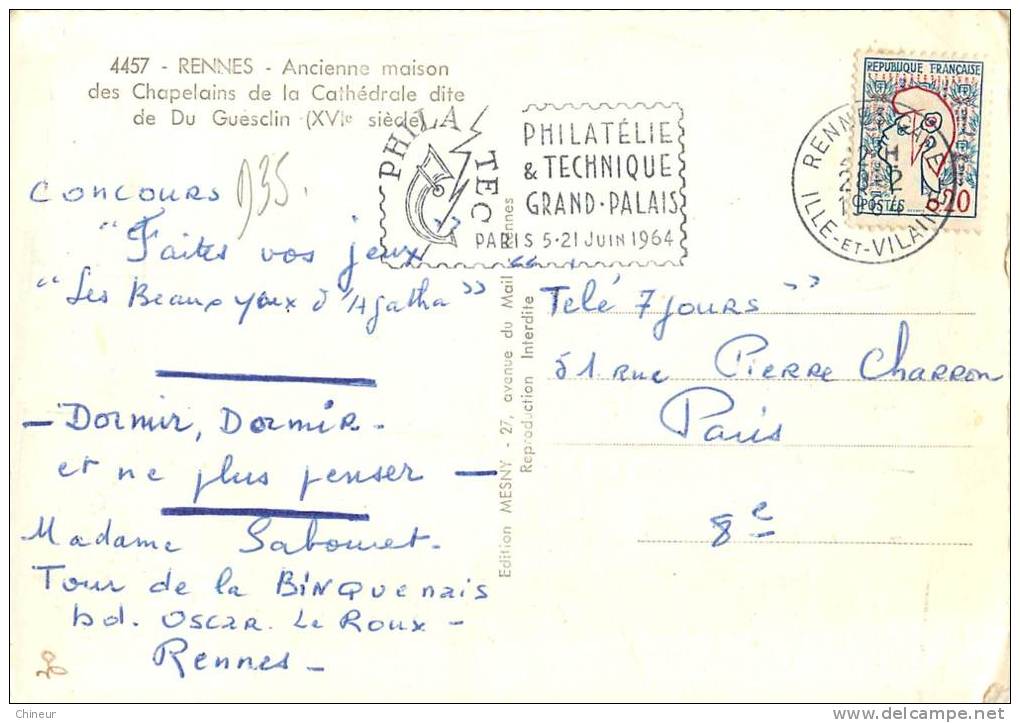 RENNES ANCIENNE MAISON DES CHAPELAINS AVEC CACHET PHILATEC 1964 - Rennes