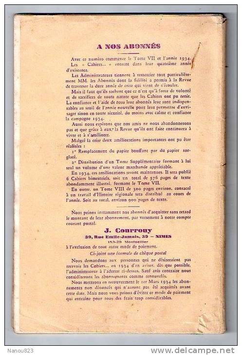 CAHIERS D ' HISTOIRE ET D' ARCHEOLOGIE Année 1934 : "Egypte, Courthezon, Château Des Arènes.." M Louis A Larguier Nimes - Archeology