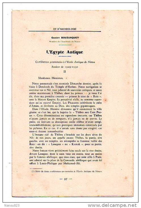 CAHIERS D ' HISTOIRE ET D' ARCHEOLOGIE Année 1934 : "Egypte Château Arènes Bassin Cesse Montpellier...."A Larguier Nimes - Archeology