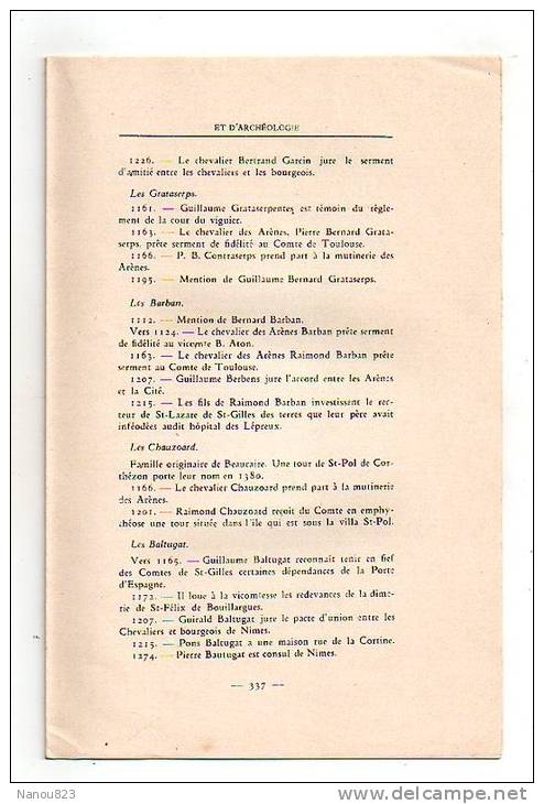 CAHIERS D ' HISTOIRE ET D' ARCHEOLOGIE Année 1934 : "Histoire Château des Arènes...."A Larguier Nimes