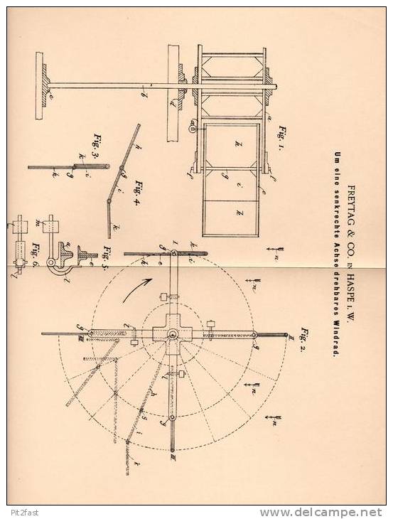 Original Patentschrift - Freytag & Co. In Haspe I.W. , 1901 , Drehbares Windrad , Windmühle !!! - Hagen