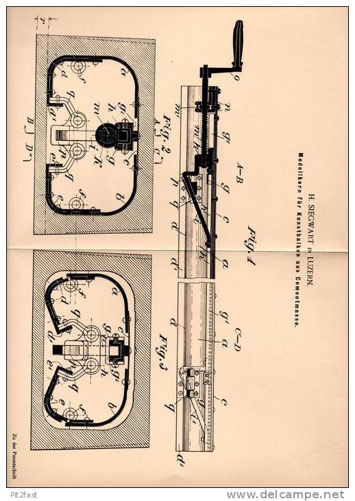 Original Patentschrift - H. Siegwart In Luzern , 1901 , Modellkern Für Kunstbalken Aus Cement  !!! - Arquitectura
