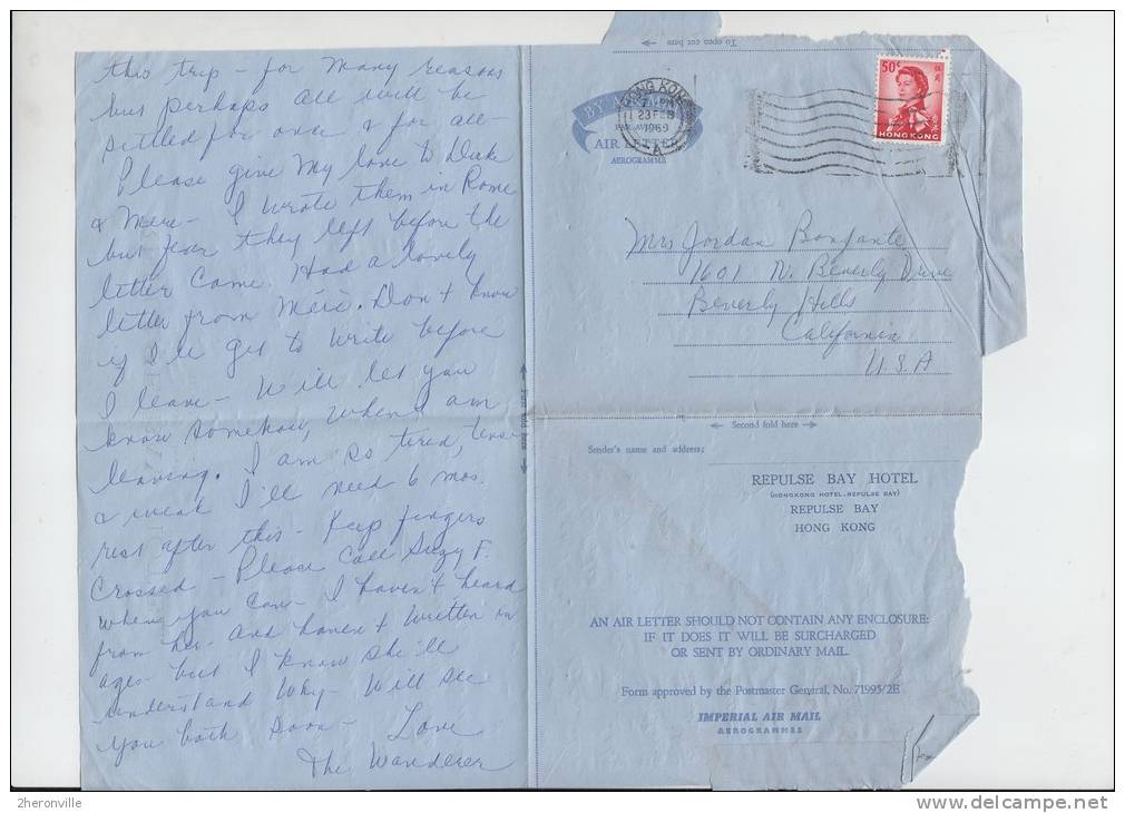 Aérogramme - Hong Kong - Février 1946 - REPULSE BAY HOTEL - Air Letter - Air Mail - Other & Unclassified