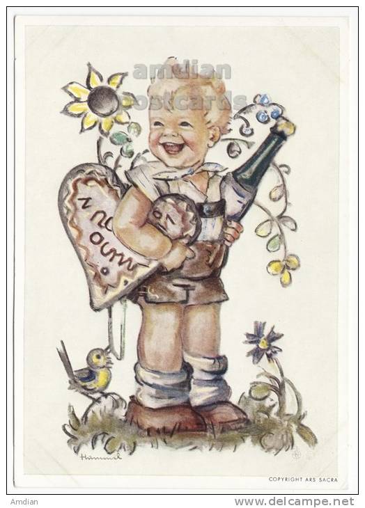 HUMMEL ORIGINAL Postcard-LAUGHING BOY-HEART-CHAMPAGNE-No 5939-ARTIST SIGNED   [s3860] - Hummel