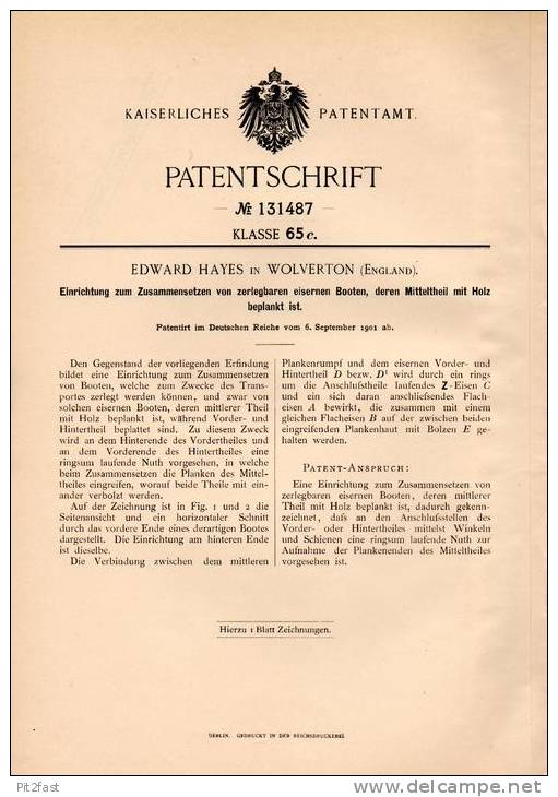 Original Patentschrift - E. Hayes In Wolverton , England , 1901 , Zusammensetzen Von Zerlegbaren Booten !!! - Sonstige & Ohne Zuordnung