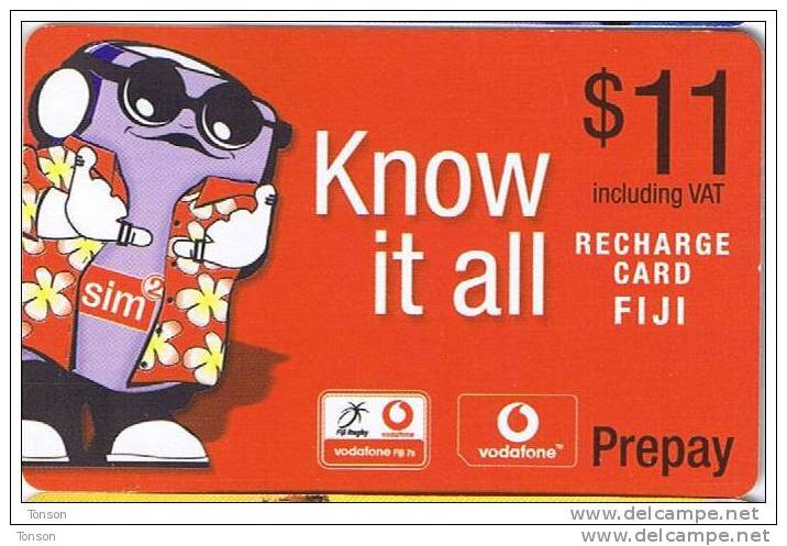 Fiji, $11, Vodafone Recharge Card With SIM Cartoon, 2 Scans. - Fidji