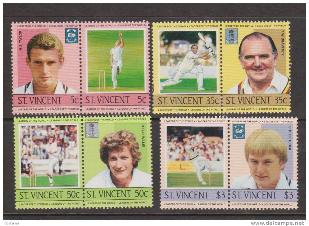 St Vincent 1985 Cricket Players Set Of 4 Pairs MNH - St.Vincent & Grenadines