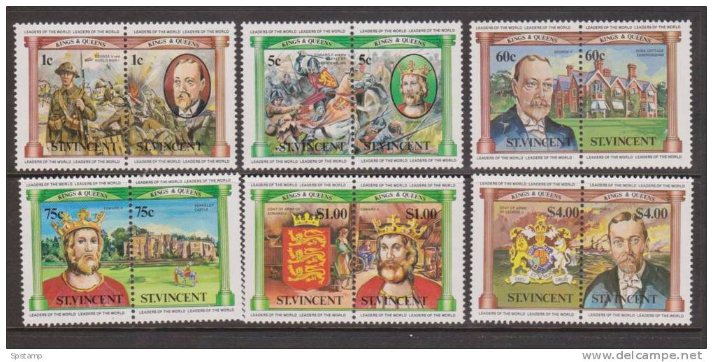 St Vincent 1984 Kings & War Scenes Set Of 6 Pairs MNH - St.Vincent E Grenadine