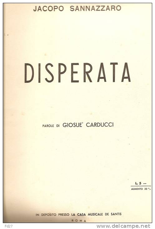 PARTITION DE JACOPO SANNAZZARO : DISPERATA - PAROLE DI GIOSUE CARDUCCI - S-U