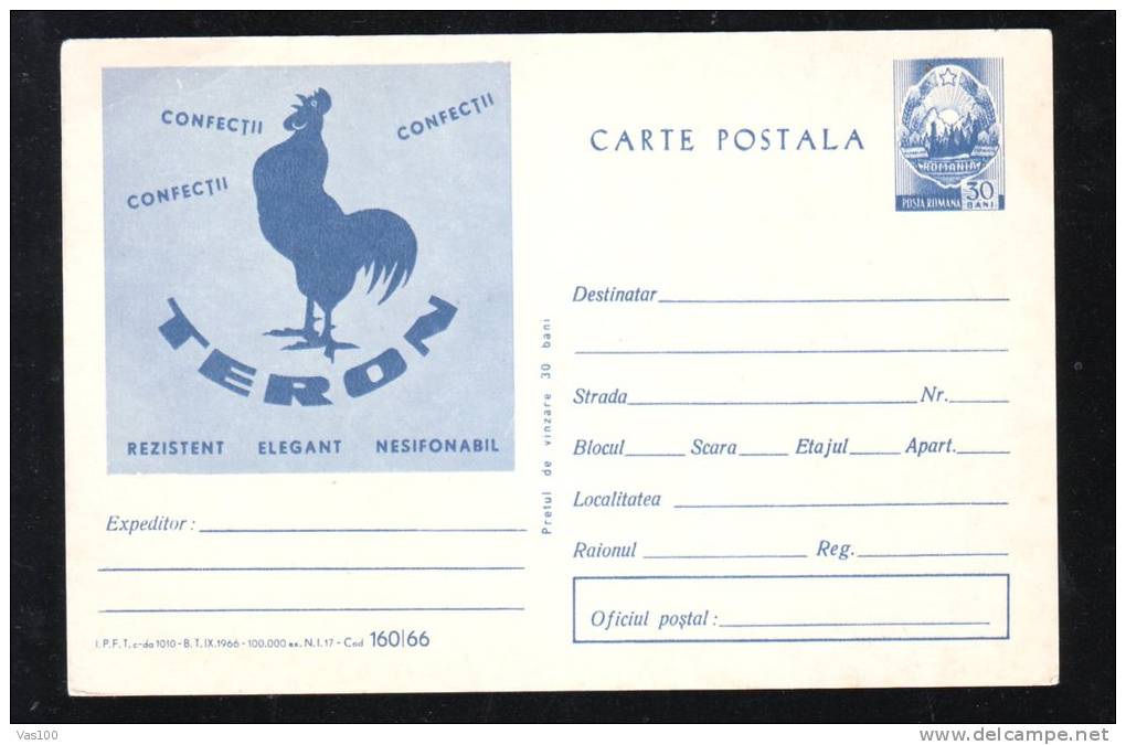 COUCOUS"TERON"FACTORY ADVERTISING CVONFECTII,1966,VERY RARE,POST CARD STATIONARY,ENTIER POSTAL,ROMANIA - Cuckoos & Turacos