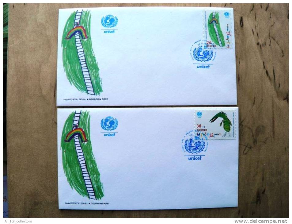 Georgia 1996 Mi# 232/33, 2 FDC Covers 50th Anniversary Of UN Children's Fund UNICEF, Railway And Tunnel Crocodile - Géorgie