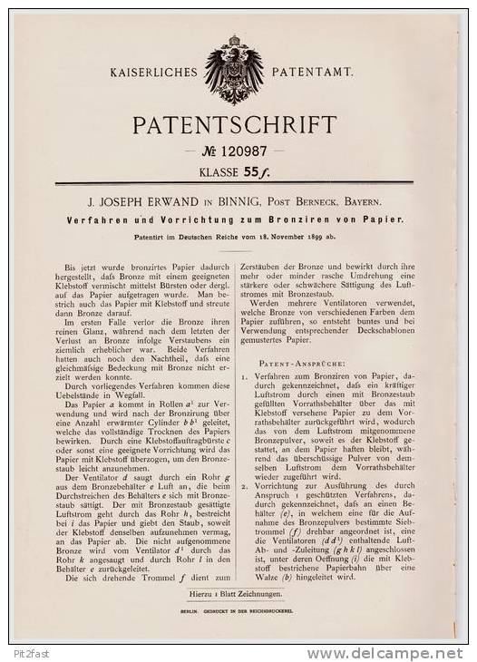 Original Patentschrift - J. Erwand In Binnig , Post Berneck , Bayern , 1899 , Apparat Zum Bronzieren Von Papier , Bronze - Bronzes