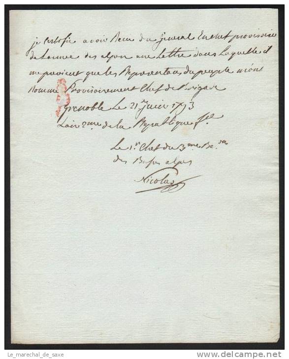 Armée Des Alpes 1793 Général NICOLAS Autographe Rare Grenoble D’Ornac Hyères Volontaires Nationaux Révolution - Documents Historiques
