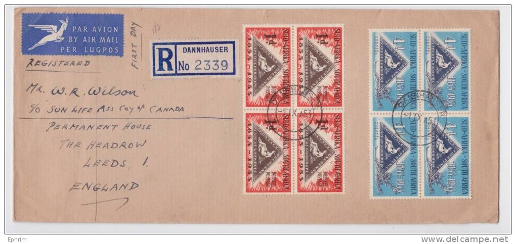 South Africa Registered Mail Multi Stamps FDC Letter Dannhauser To Leeds 1953 - Other & Unclassified