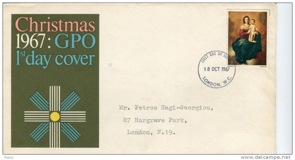 Great Britain- First Day Cover FDC- "Christmas: Madonna And Child, By Murillo" Issue [London 18.10.1967] -posted - 1952-71 Ediciones Pre-Decimales