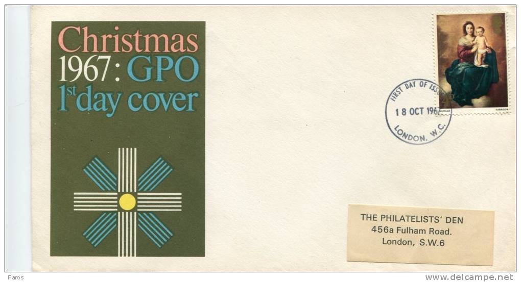 Great Britain- First Day Cover FDC- "Christmas: Madonna And Child, By Murillo" Issue [London 18.10.1967] -posted - 1952-1971 Em. Prédécimales